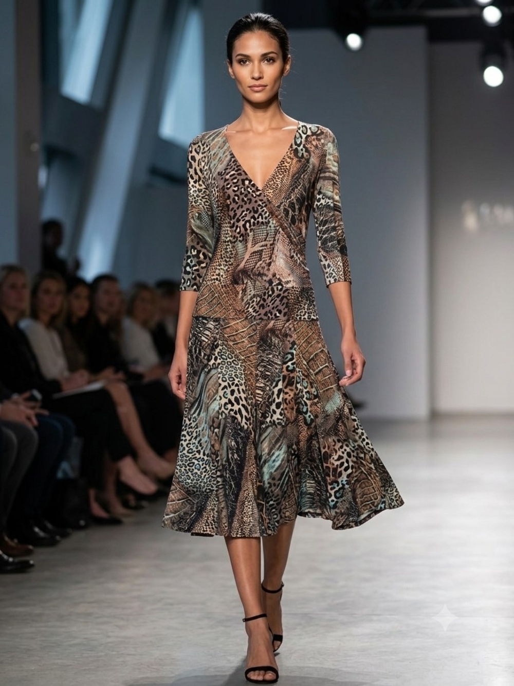 Mesmerize Printed V-Neck Wrap Midi Dress in Brown Animal Mix